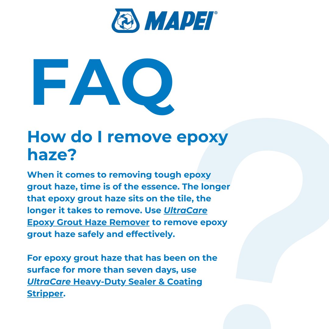 MAPEIUSA's tweet image. Struggling with #epoxy #grout haze? Use UltraCare Epoxy Grout Haze Remover for effective and safe removal. For haze that's been on the surface for over seven days, reach for UltraCare Heavy-Duty Sealer &amp;amp; Coating Stripper.

Learn more: ow.ly/NY7S50Ulhs0

#MAPEIUSA #Mapei