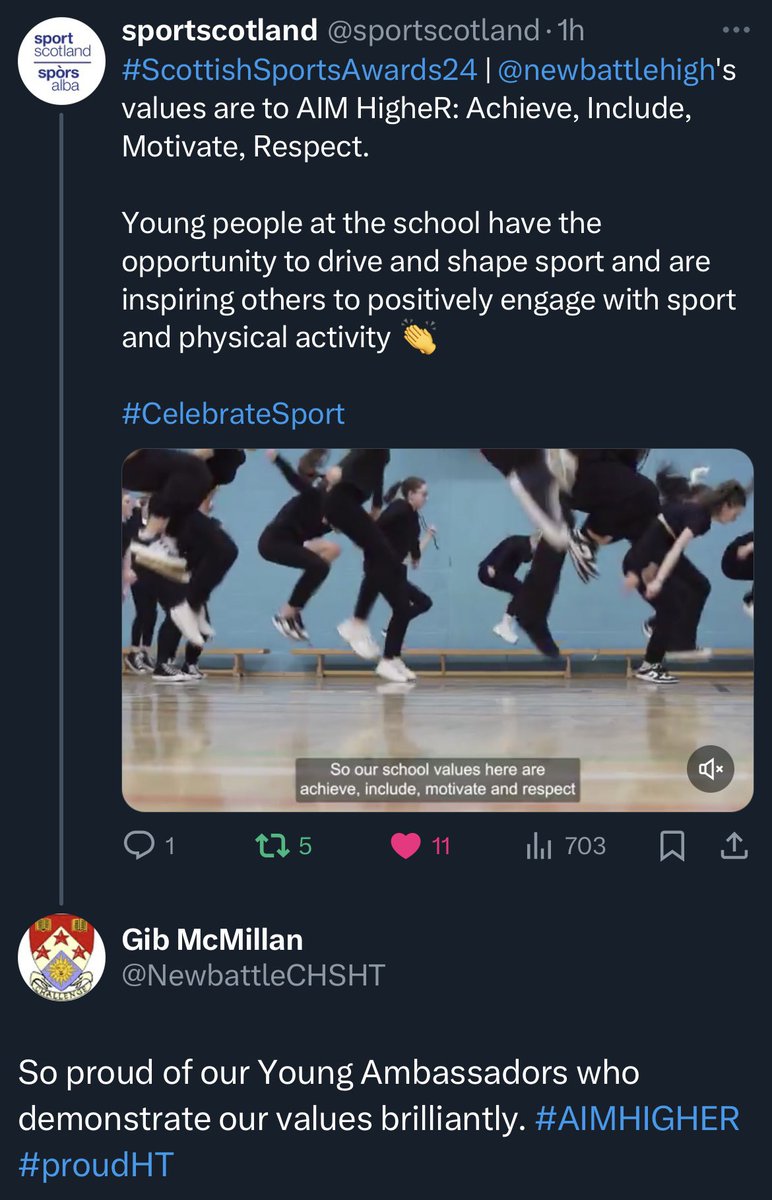 🏆 WINNERS!

 Scottish PE Department of the Year! 🎉 

Our transformed dept shines thanks to true leadership &amp; amazing students. 

Excellent pathways, attainment, engagement &amp; support for learners. 

Shoutout to our outstanding staff &amp; partners eg Rugby DO! 💪 #proudHT #AIMHIGHER