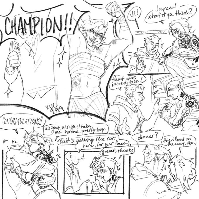 Modern au boxer vi who's invited Jayce to his first live match where he becomes an insta fan and starts tricking out her gloves for promos and shit 
