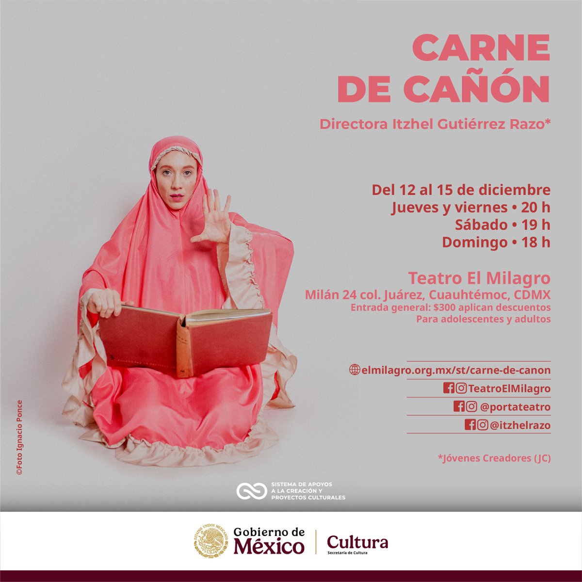 En “Carne de cañón”, un grupo de mujeres realiza rituales prohibidos de la única isla matriarcal en el mundo. Tratando de develar misterios de lo femenino, entrarán en un camino de sombras y revelaciones. Invita Itzhel Del Razo.

12 a 15 de diciembre
<a href="/TeatroElMilagro/">Teatro El Milagro</a>

<a href="/cultura_mx/">Secretaría de Cultura</a>