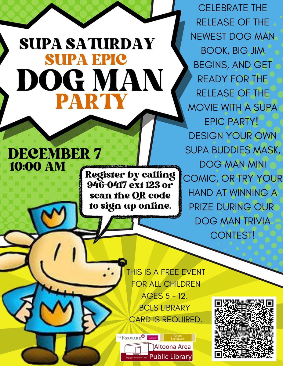 altoonalibrary's tweet photo. SUPA SATURDAY SUPA EPIC DOG MAN PARTY
Dec 7, 10am
Ages 5-12

Celebrate the release of the newest Dog Man book and movie with a Supa Epic Party at the AAPL! 

Sign up at https://t.co/ktF9YhqVqC

#dogman #supasaturday #supersaturday #epicparty #familyfun #thingstodo #altoonapa https://t.co/uOVBRgCSGj