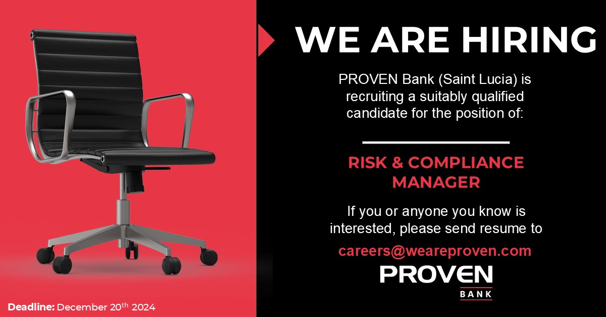hiredcaribbean's tweet photo. PROVEN Bank (Saint Lucia) Limited is recruiting suitably qualified candidates to fill the positions of: Risk & Compliance Manager and Compliance Officer. Visit https://t.co/KFjfjjbS3W to apply.
Deadline: Dec 20th 2024
#HiredCaribbean #GetHired #ProvenBank #ComplianceJobs https://t.co/gcV3R6k3V9