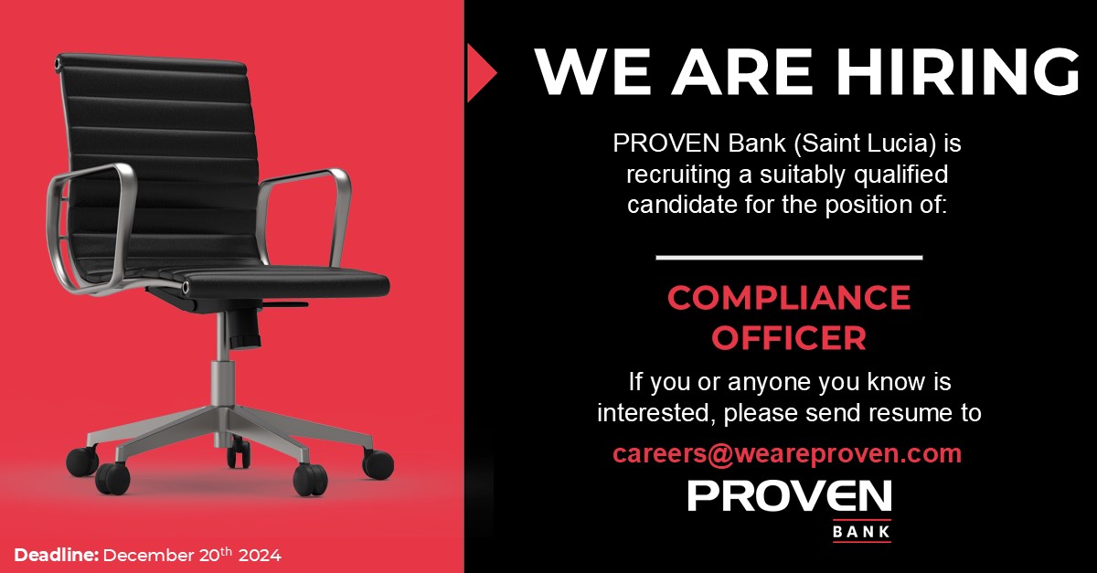 hiredcaribbean's tweet photo. PROVEN Bank (Saint Lucia) Limited is recruiting suitably qualified candidates to fill the positions of: Risk & Compliance Manager and Compliance Officer. Visit https://t.co/KFjfjjbS3W to apply.
Deadline: Dec 20th 2024
#HiredCaribbean #GetHired #ProvenBank #ComplianceJobs https://t.co/gcV3R6k3V9