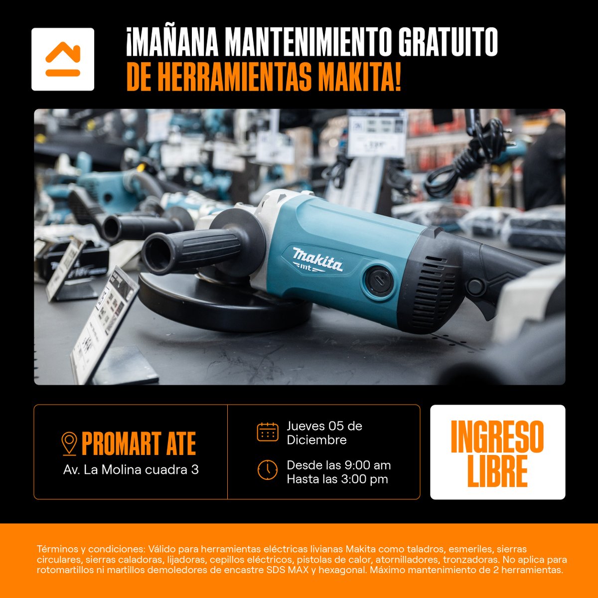 ⏳ ¡Mañana es el gran día! 💪 Trae tus herramientas Makita a nuestra tienda de Promart Ate y obtén mantenimiento gratuito con #MakitaExpress.

📅 Cuándo: Jueves 05/12

⏰ Desde: 09:00 am

📍 Dónde: Av. La Molina, cdra 3.

⚠ Solo para herramientas Makita. ¡Te esperamos!