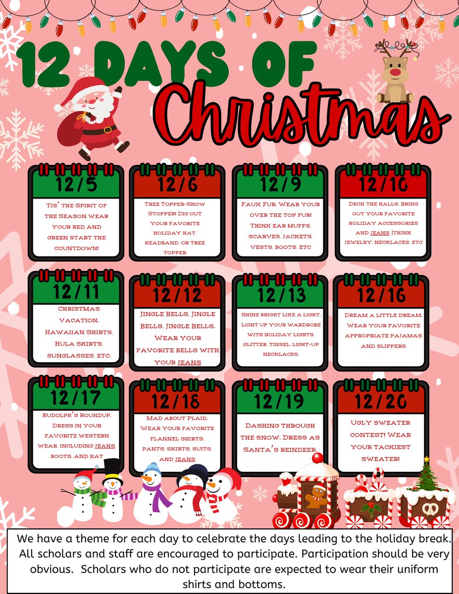 12 DAYS OF CHRISTMAS STARTS TOMORROW 12/5/2024 Let the countdown begin! ** FYI Pictures will be taken for participation purposes!**
12 DÍAS DE NAVIDAD COMIENZAN MAÑANA 12/5/2024 ** ¡Para tu información, se tomarán fotos con fines de participación! **