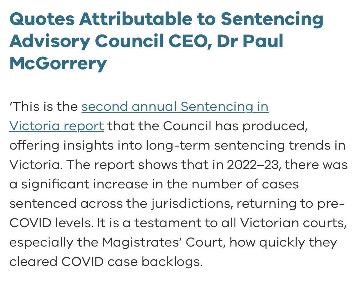 JUST RELEASED: We’ve released our second yearly report on sentencing trends in the last 10 years in Victoria.

Key changes in 2022-23:
- return to pre-COVID case levels
- continued increase in youth diversion
- higher fines, especially for companies

sentencingcouncil.vic.gov.au/news-media/new…