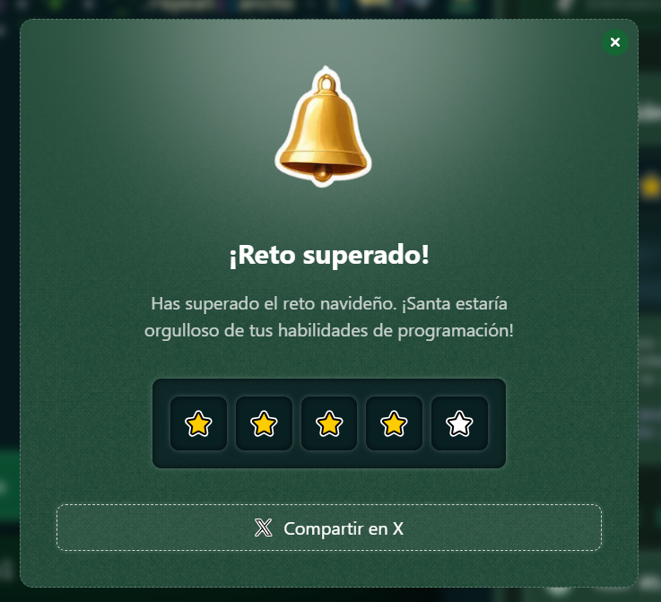 SebaSanhueTapia's tweet photo. ¡Reto 4 completado con 4 estrellas!
Vamooossss Chileeeee
¡Mejora tu lógica de programación con AdventJS! ↓ https://t.co/zGmKWM4qf9 https://t.co/e2DelcVUj5