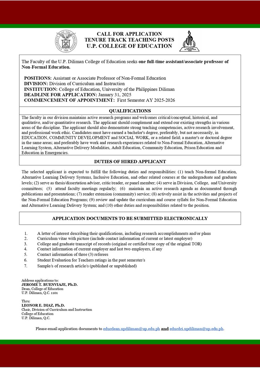 Call for Applications: One (1) Full-time Assistant/Associate Professor of Non-Formal Education