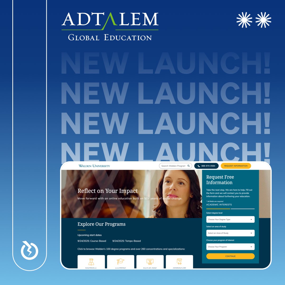 Congratulations to <a href="/adtalemglobal/">Adtalem Global</a> on the recent launch of the <a href="/WaldenU/">Walden University</a> information site. Thank you for trusting BlueBolt to partner with you. 
An <a href="/Optimizely/">Optimizely</a> build.