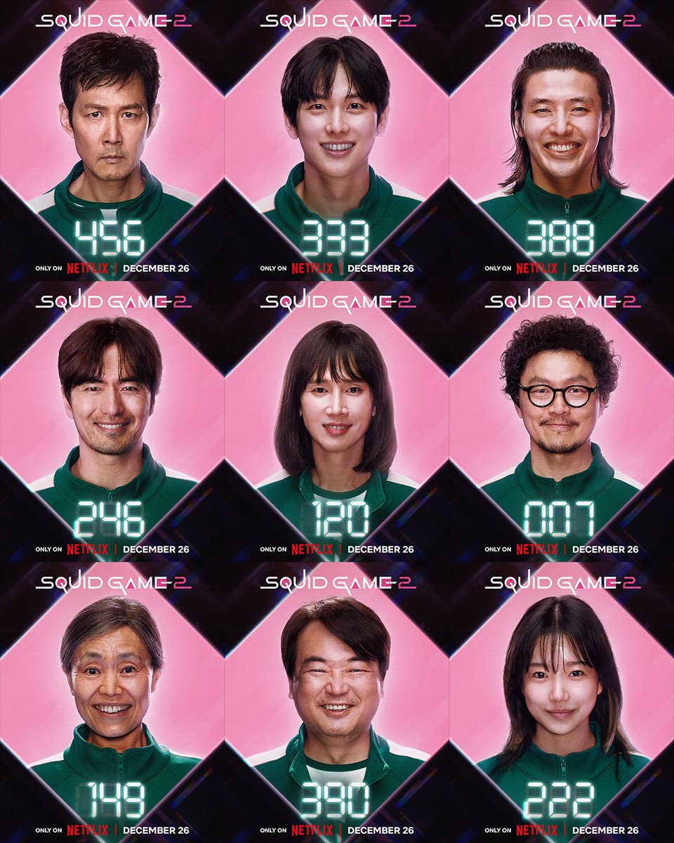 netflix's tweet photo. Extending a heartfelt welcome to our players. Squid Game Season 2 premieres December 26.

Gi-hun, Player 456
Myung-gi, Player 333 
Dae-ho, Player 388 
Gyeong-seok, Player 246 
Hyun-ju, Player 120 
Yong-sik, Player 007 
Geum-ja, Player 149 
Jung-bae, Player 390
Jun-hee, Player 222 https://t.co/1EHL68HPRS