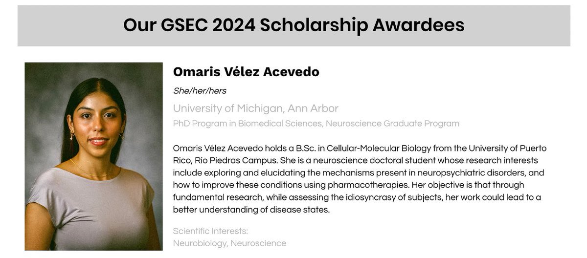 Omaris Vélez Acevedo (@neuromvris) on Twitter photo I’m excited to share the news of being a GSEC 2024 Scholarship recipient! Feeling grateful for my time in GSMI, GSEC, and for the <a href="/cientificolatin/">Cientifico Latino, Inc.</a> community overall🧑🔬#CienciaBoricua I’m excited to share the news of being a GSEC 2024 Scholarship recipient! Feeling grateful for my time in GSMI, GSEC, and for the <a href="/cientificolatin/">Cientifico Latino, Inc.</a> community overall🧑🔬#CienciaBoricua
