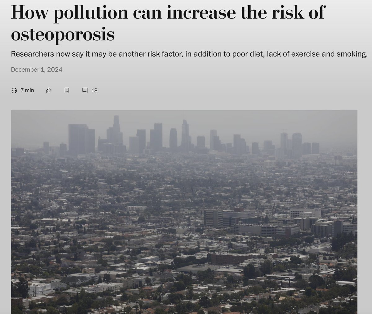 Air pollution is a significant but frequently underestimated risk factor for osteoporosis. Given its widespread exposure, it plays an important role in bone health and should be considered alongside factors like lifestyle, hormones, and genetics.
washingtonpost.com/wellness/2024/…