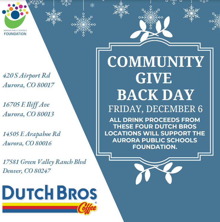 The APS Foundation (@aps_foundation) on Twitter photo This Friday, Dec 6, your morning coffee run can help our <a href="/aurorak12/">Aurora Public Schools</a> community! Four <a href="/DutchBros/">Dutch Bros Coffee</a> Coffee locations will be donating $1 to the APS Foundation from every drink sold (all day long)! ☕️
#coffeeforacause #giveback #communitysupport #coffeelovers This Friday, Dec 6, your morning coffee run can help our <a href="/aurorak12/">Aurora Public Schools</a> community! Four <a href="/DutchBros/">Dutch Bros Coffee</a> Coffee locations will be donating $1 to the APS Foundation from every drink sold (all day long)! ☕️
#coffeeforacause #giveback #communitysupport #coffeelovers