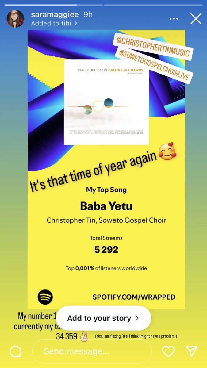 christophertin's tweet photo. My favorite #SpotifyWrapped tradition has become seeing how many times @chaotic_clumsy listened to Baba Yetu this year.

5,292… more than last year I believe! You’re single handedly keeping me in business, @chaotic_clumsy. ❤️❤️❤️ https://t.co/t2boGoeTtC