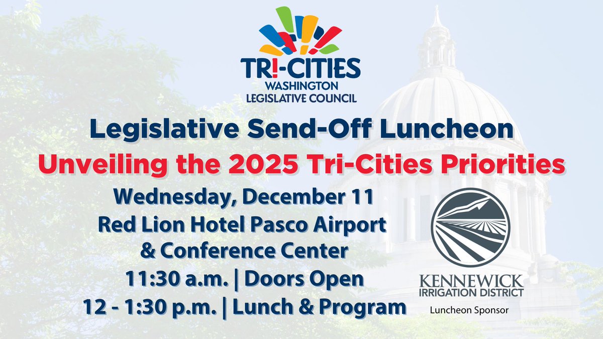 tricitychamber's tweet photo. Friday is the deadline to register for next week's luncheon. Be there on December 11 as the Tri-Cities Legislative Council unveils its top priorities for the 2025 legislative session. Learn more and register: https://t.co/dVrgsrwpXp https://t.co/o146yxeRqs