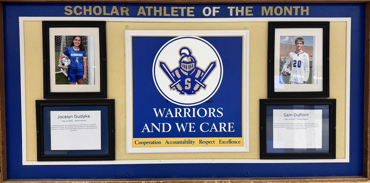 Congratulations to our latest Scholar Athletes of the Month!  Jocelyn &amp; Sam are incredible on and off the field - and we appreciate all they do for Warrior Nation!

Stop down by the gym and check it out! ⚔️