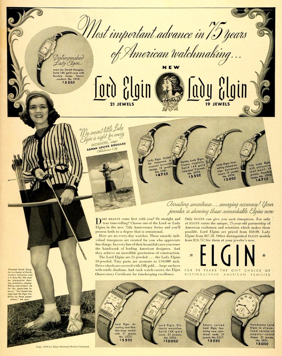 svintagewatches's tweet photo. Teen archer Sarah Louise Douglas showcased among the latest wrist art in a 1939 Elgin Watch Company ad.
#elginwatches #elginwatch #elginwatchcompany #ladieswatches #MensWatches #vintagewatches #VintageAdvertising #horology #Timepieces #WristArt #wristwatch #classicwatches https://t.co/oZXQxX5PBU