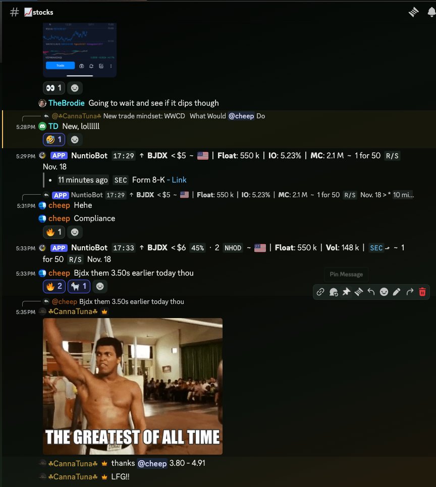 Tuna_Traders's tweet photo. @cheep_trades is the best trader I know. He just don't miss and we couldn't be happier he's one of our Big Tunas!! Sláinte my friend 🇮🇪

Join us today in #TunaTraders for calls like these before most everyone else 🔥 $BJDX $SMJ $EDBL $SVMH $TOI $XTIA

https://t.co/PxdyvTU0TS https://t.co/3IeGsNW6pM