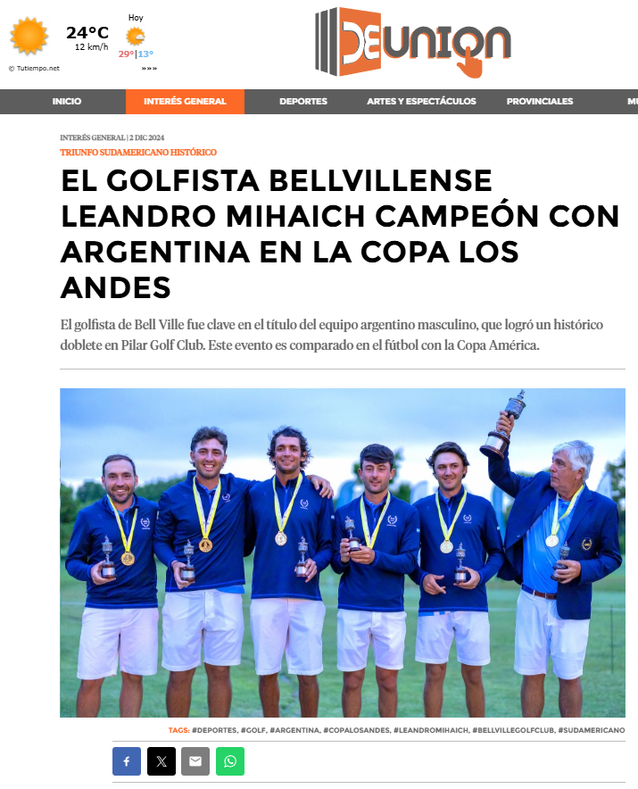 El golfista bellvillense Leandro Mihaich campeón con Argentina en la Copa Los Andes 2024. Histórico doblete masculino y femenino en Pilar Golf Club. #CopaLosAndes #Golf #BellVilleGolfClub #LeoMihaich 
deunion.com.ar/nota/1734/el-g…