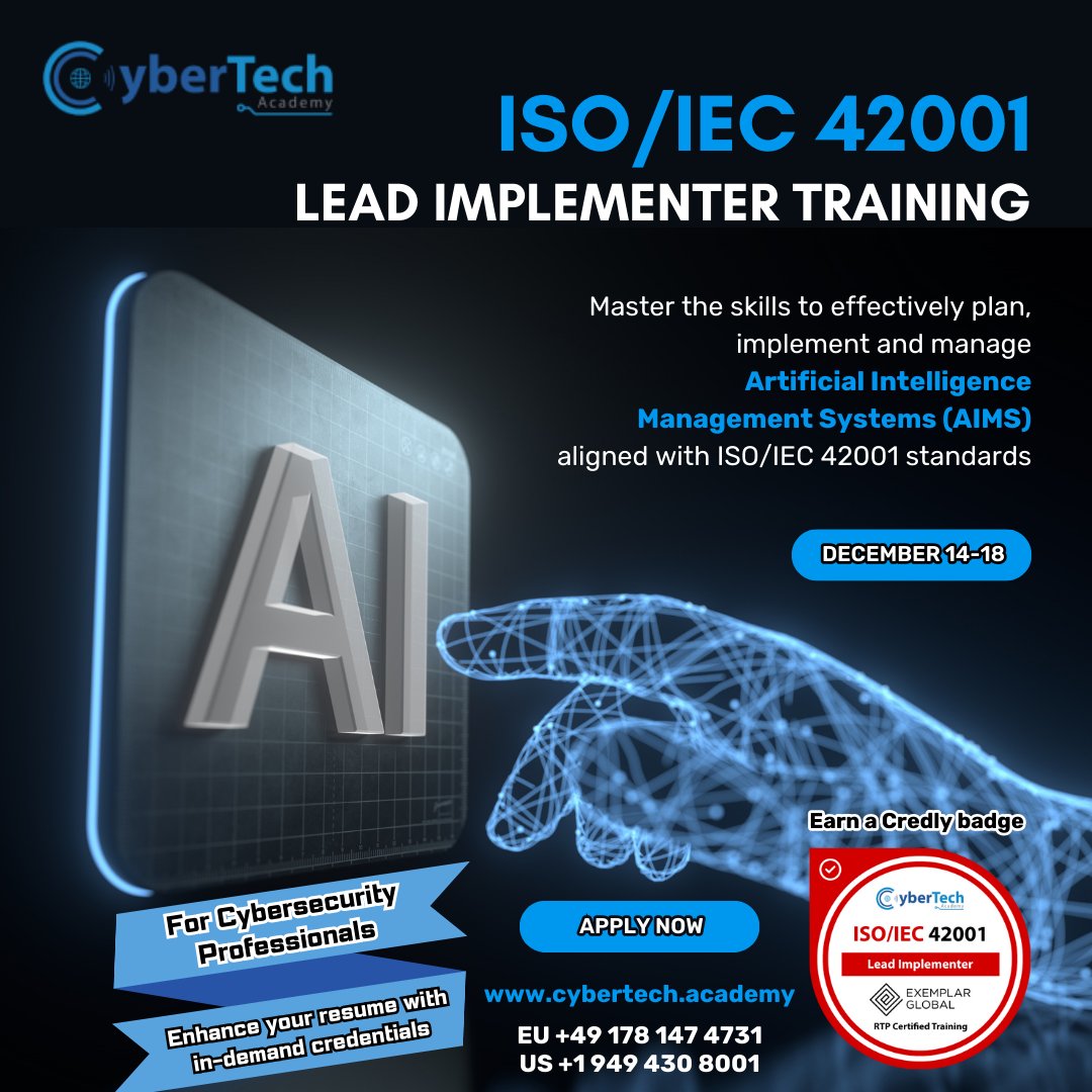 cybertechacad's tweet image. ISO 42001 Lead Implementer Training!
Designed for students looking for their first cybersecurity job and professionals already working in the field.
With this Exemplar Global-certified training, gain knowledge in Artificial Intelligence Management System and enhance your resume.