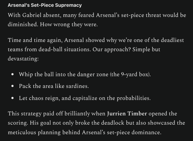 UTheProcess's tweet photo. From my newest piece over on substack...

Check the full thing out here: Arsenal’s Set-Piece Masterclass: A Recipe for Title Race Drama, by @UTheProcess https://t.co/SHTGRo5iIR

#Arsenal #Arteta #Saka #Partey #Timber #Rice https://t.co/aT8RabubfV