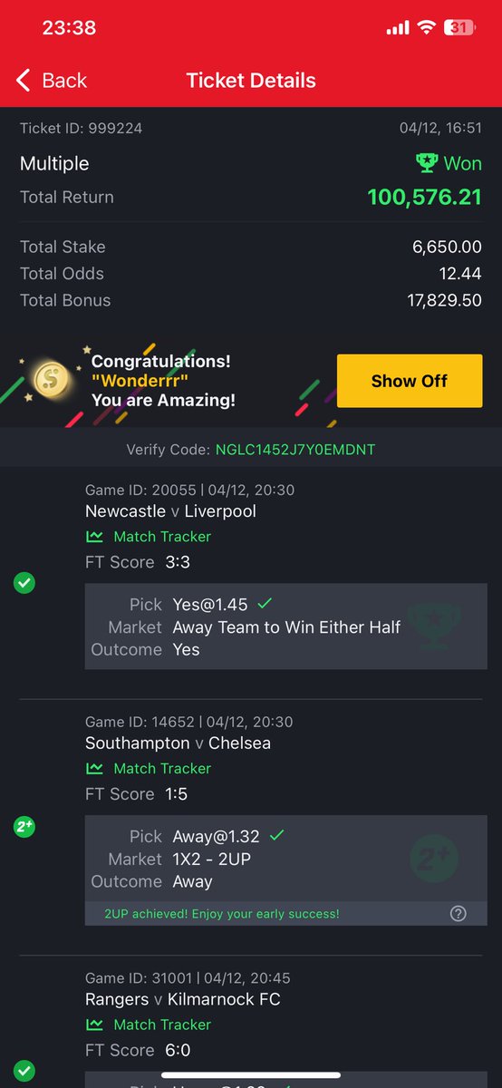 wonder_bets's tweet photo. Both codes banged.
Congrats if you played
🏆🏆🏆🏆💣💣💣💣🥂🥂🥂🥂

TP hit on both entries @d_punisher23 Sniper entry 🎯 https://t.co/tJEK9rGf58