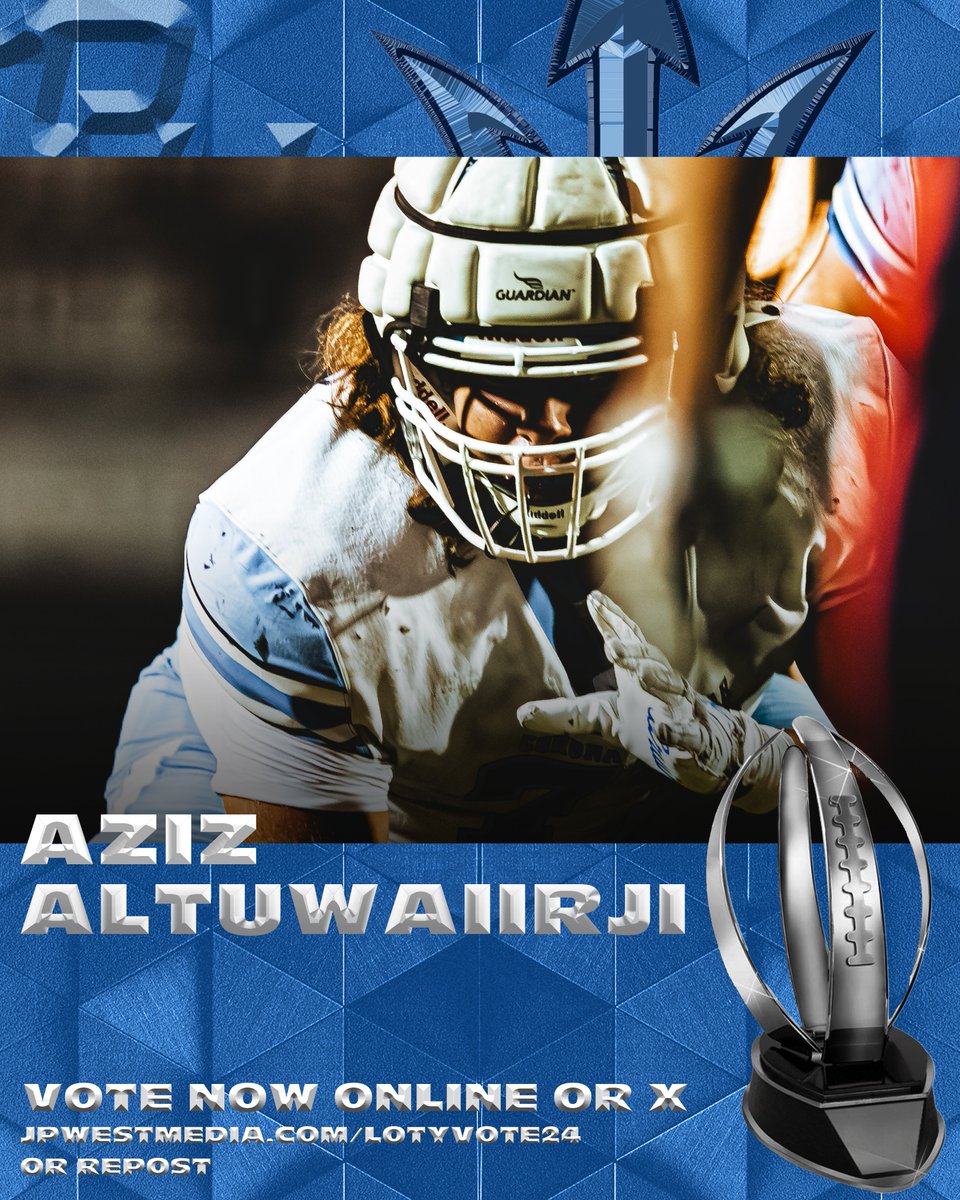 JPWest Media (@jpwestmedia) on Twitter photo Could the big man from <a href="/CDMFOOTBALL/">CDM Football</a>, <a href="/AzizAltu77/">Aziz Altuwaijri</a> take home the first ever JPWest Media Lineman of the Year?
VOTE NOW: jpwestmedia.com/lotyvote24
Or every repost counts as 1 vote Could the big man from <a href="/CDMFOOTBALL/">CDM Football</a>, <a href="/AzizAltu77/">Aziz Altuwaijri</a> take home the first ever JPWest Media Lineman of the Year?
VOTE NOW: jpwestmedia.com/lotyvote24
Or every repost counts as 1 vote