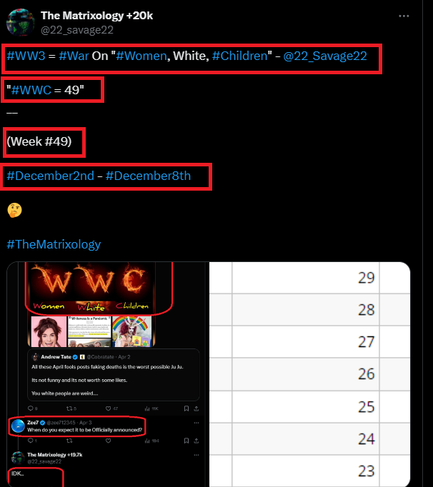 TheMatrixology's tweet photo. "#WW3" 

"(#W)omen, (#W)hite, (#C)hildren" - @22_Savage22 

"#WWC = 49"
__

"An unknown respiratory pathogen has claimed 143 lives, primarily #targeting #women and #children.

#Week49

https://t.co/irOBSyPxDL

#TheMatrixology https://t.co/WEdtOxIebG