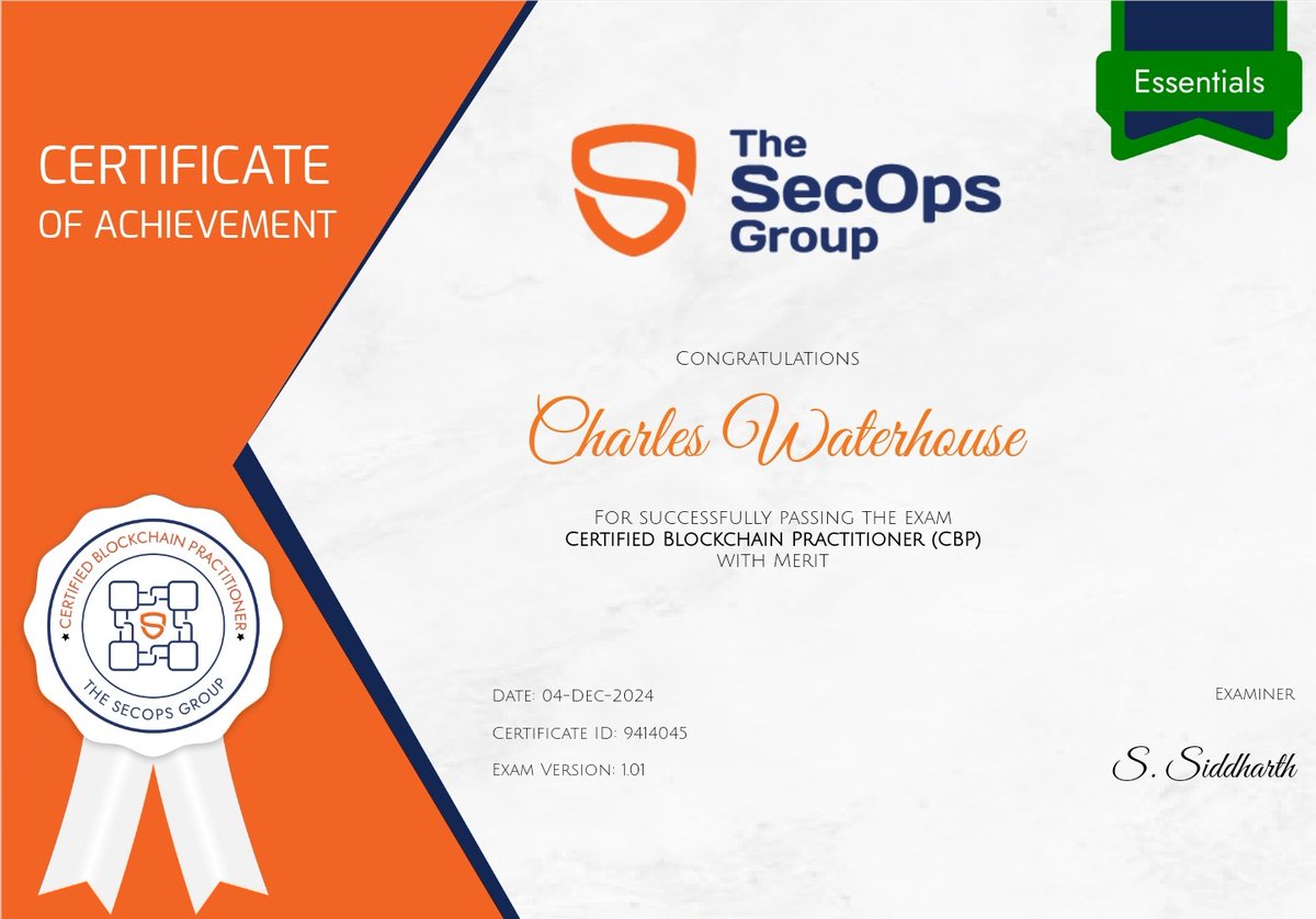 I am having fun with the The SecOps Group certs! I completed the Certified Blockchain Practitioner #CBP exam. This is a great check of knowledg of Blockchain technology and architecture including algorithms, security and data structure along with core concepts. Good exam!