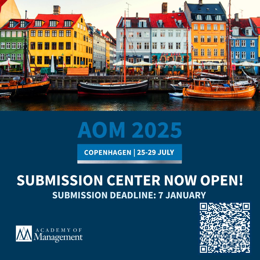 📣 You're invited to participate in #AOM2025 in Copenhagen from 25-29 July! Submission and reviewer centers are now open!

New this year, AOM is accepting ✨POSTER✨ submissions. 

📅 Submission Deadline: 7 January 2025 

Scan the QR code below to learn more!⬇️
