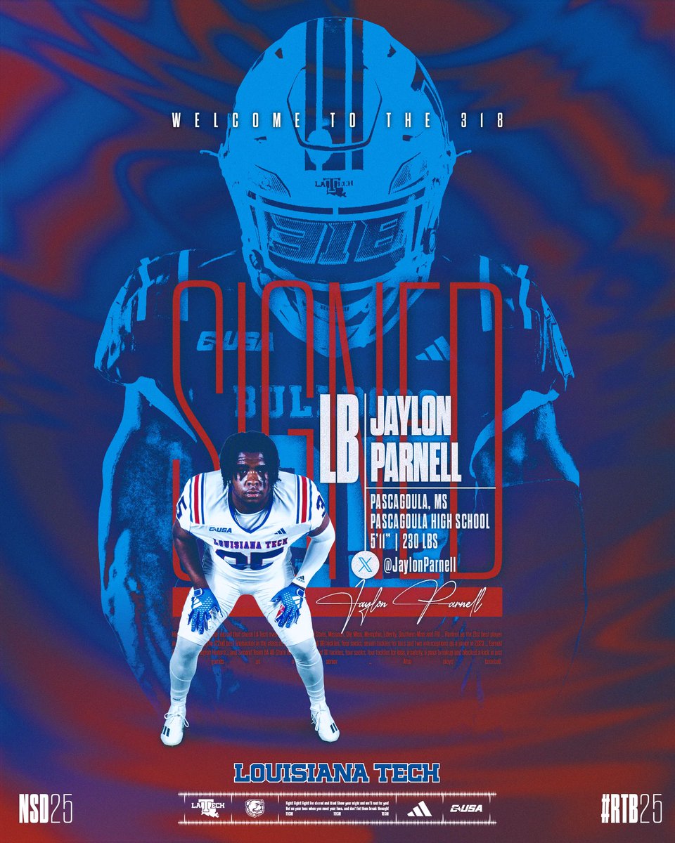 LA Tech Football 🏈 (@latechfb) on Twitter photo Signed ✍️
Welcome to the 318, Jaylon Parnell!
A 3-⭐️ All-State LB from the Sip is headed our way
➡️ <a href="/JaylonParnell/">Jaylon Parnell</a>
#NSD25 | #RTB25 Signed ✍️
Welcome to the 318, Jaylon Parnell!
A 3-⭐️ All-State LB from the Sip is headed our way
➡️ <a href="/JaylonParnell/">Jaylon Parnell</a>
#NSD25 | #RTB25