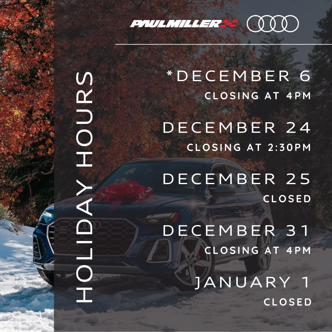 AudiNJ's tweet photo. Plan Ahead for the Holidays!
Don't miss us this season! Check out our updated holiday hours to ensure we��re here when you need us.

We’re grateful for your support and wish you a joyful holiday season! 🌟 https://t.co/3nvEqOyVMR