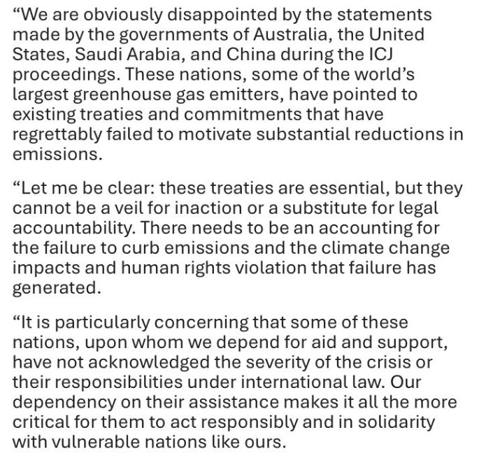 Stephen Dziedzic (@stephendziedzic) on Twitter photo Vanuatu's Special Envoy for Climate Change <a href="/RRegenvanu/">Ralph Regenvanu</a> says the Pacific is "obviously disappointed" by statements from Australia, US, China + Saudi Arabia at ICJ, and nations which Vanuatu relies on for support (ie Australia, China) haven't acknowledged severity of climate crisis Vanuatu's Special Envoy for Climate Change <a href="/RRegenvanu/">Ralph Regenvanu</a> says the Pacific is "obviously disappointed" by statements from Australia, US, China + Saudi Arabia at ICJ, and nations which Vanuatu relies on for support (ie Australia, China) haven't acknowledged severity of climate crisis