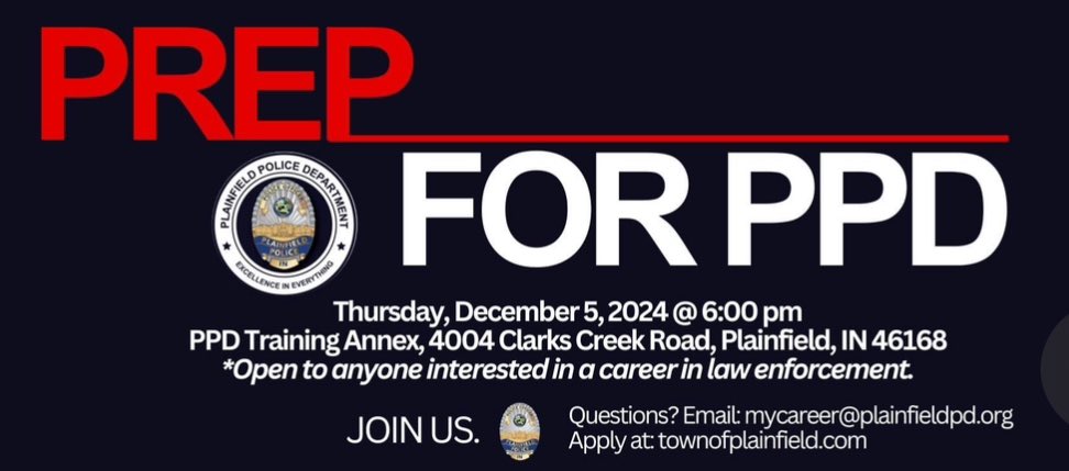 Tomorrow evening is our PREP for PPD info session for potential officer candidates! Thursday Dec. 5 at 6:00 pm, located at 4004 Clarks Creek Road (PPD training Annex). All are welcome! 
✅ Talk to recruiters 
✅ let’s talk pay and benefits 
✅ get questions answered
