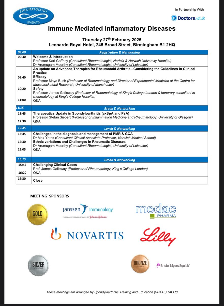 Calling Rheumatologists and AHPs  to the FREE IMID Academy Birmingham on 27 Feb 2025.  Expert faculty and networking opportunities. Register on rheumatologyevents.org
<a href="/KarlGaffney1/">Karl Gaffney</a> <a href="/drjamesgalloway/">James Galloway</a> 
 @StefanSiebert1 <a href="/DrMaxYates1/">Dr Max Yates</a> <a href="/moorthyarumuga2/">Arumugam Moorthy</a>