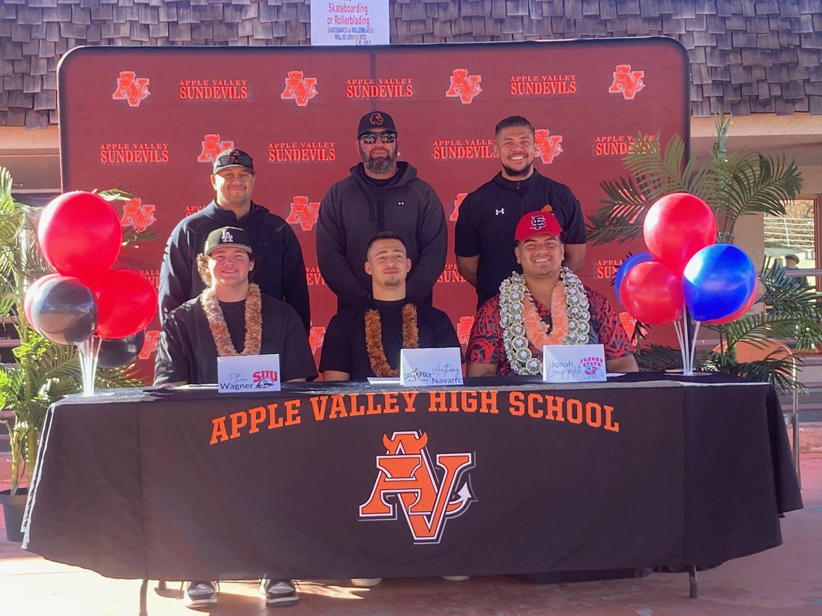 Apple Valley Sundevil Football (@avsundevilfb) on Twitter photo NLI Signing Day!
Congratulations to these young men for signing with their future colleges today! <a href="/ethan2k25/">Ethan wagner</a> to Southern Utah, <a href="/ant_navarro40/">Anthony Navarro</a> to Cal Poly SLO and @JLeaupepetele75 to Fresno State! <a href="/J0seQuintero/">Jose Quintero</a> <a href="/latsondheimer/">eric sondheimer</a> <a href="/IESportsNet/">IE Sports Net on FOX Sports Radio🎙</a> <a href="/Tarek_Fattal/">Tarek Fattal</a> <a href="/BrandonHuffman/">Brandon Huffman</a> NLI Signing Day!
Congratulations to these young men for signing with their future colleges today! <a href="/ethan2k25/">Ethan wagner</a> to Southern Utah, <a href="/ant_navarro40/">Anthony Navarro</a> to Cal Poly SLO and @JLeaupepetele75 to Fresno State! <a href="/J0seQuintero/">Jose Quintero</a> <a href="/latsondheimer/">eric sondheimer</a> <a href="/IESportsNet/">IE Sports Net on FOX Sports Radio🎙</a> <a href="/Tarek_Fattal/">Tarek Fattal</a> <a href="/BrandonHuffman/">Brandon Huffman</a>