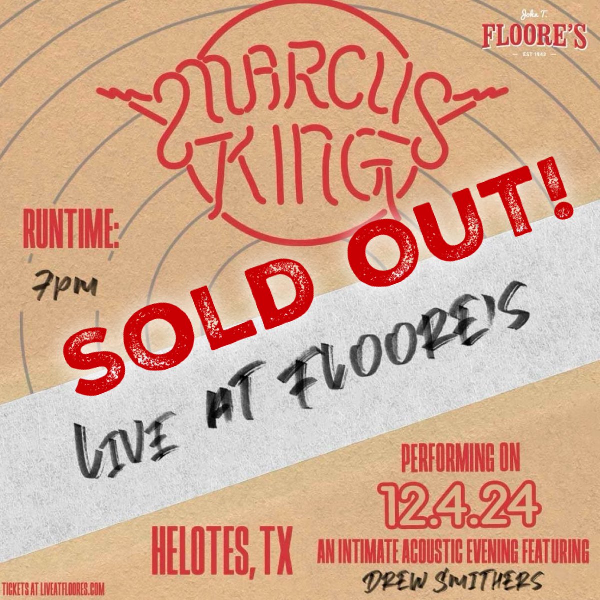 Marcus King : An Intimate Acoustic Evening featuring Drew Smithers at Floore’s tonight is completely sold out! If you have tickets, doors open at 7pm and music starts at 8:30pm.