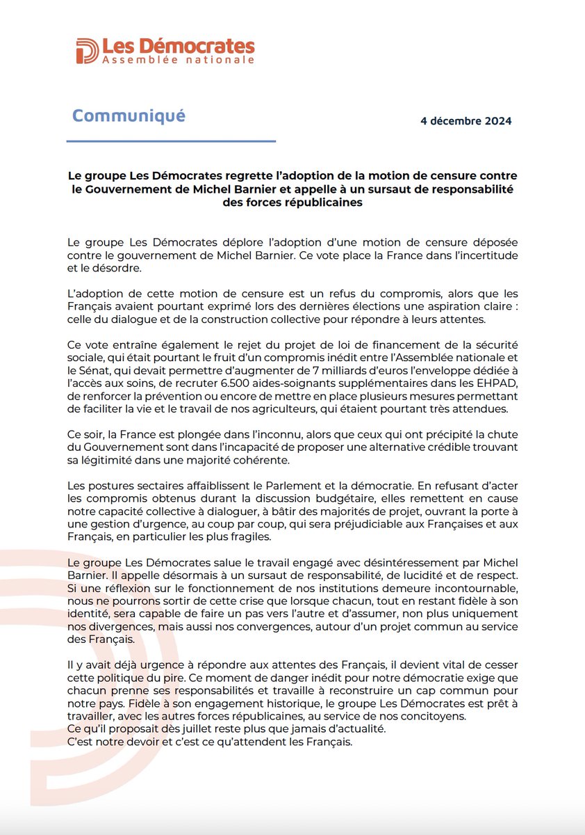 Le groupe Les Démocrates regrette l’adoption de la motion de censure contre le Gouvernement de Michel Barnier et appelle à un sursaut de responsabilité des forces républicaines.

Notre communiqué 🔽