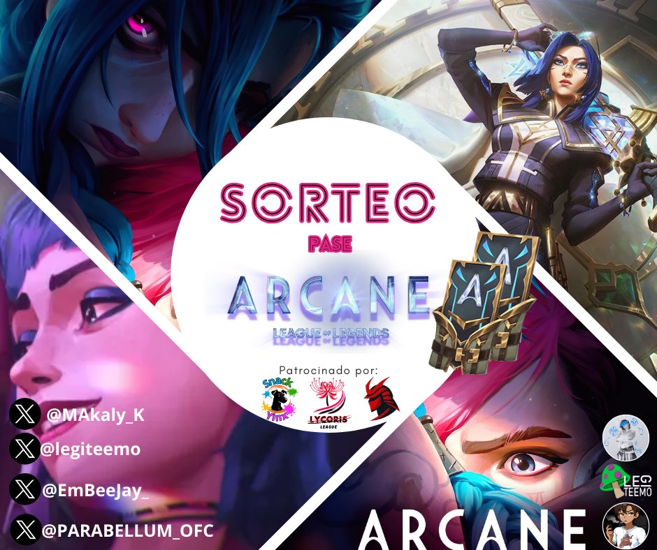 Anunciamos el sorteo de el pase de <a href="/arcaneshow/">Arcane</a> se sortearan 2 pases, Requisitos:
Da RT
Coméntanos quien es tu personaje fav de Arcane
Danos corazón
Menciona a 1 amigo
Síguenos a todos en redes: <a href="/PARABELLUM_OFC/">PARABELLUM ESPORTS</a> <a href="/legiteemo/">Legíteemo 🍄</a> <a href="/EmBeeJay_/">embee</a> <a href="/MAkaly_K/">MAkalyK🥊Esp/Eng</a>  [1/2]