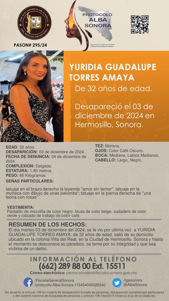 fgjesonora's tweet photo. 🟤 Se solicita a la ciudadanía su colaboración en la difusión de la cédula de Protocolo ALBA para la búsqueda y pronta localización de YURIDIA GUADALUPE TORRES AMAYA, de 32 años de edad. Desapareció el 03 de diciembre de 2024, en Hermosillo, Sonora. 🟤

Muchas gracias de antemano por su valioso Apoyo.🙌