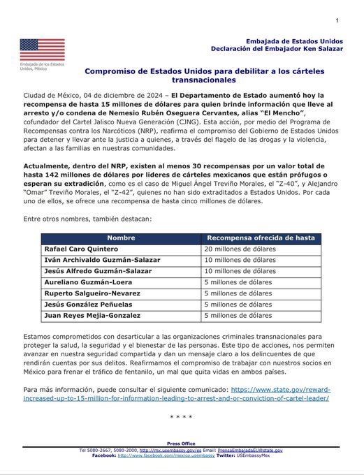 Estados Unidos aumentó de 10 a 15 millones de dólares la recompensa por el “Mencho” recordemos que 15 también ofrecían por zambada el #mencho objetivo prioritario para USA 

Benjamin Arellano Félix (2002)
Arturo Beltrán Leyva (2009) 
El chapo Guzmán (2016)
Ovidio Guzmán (2023)