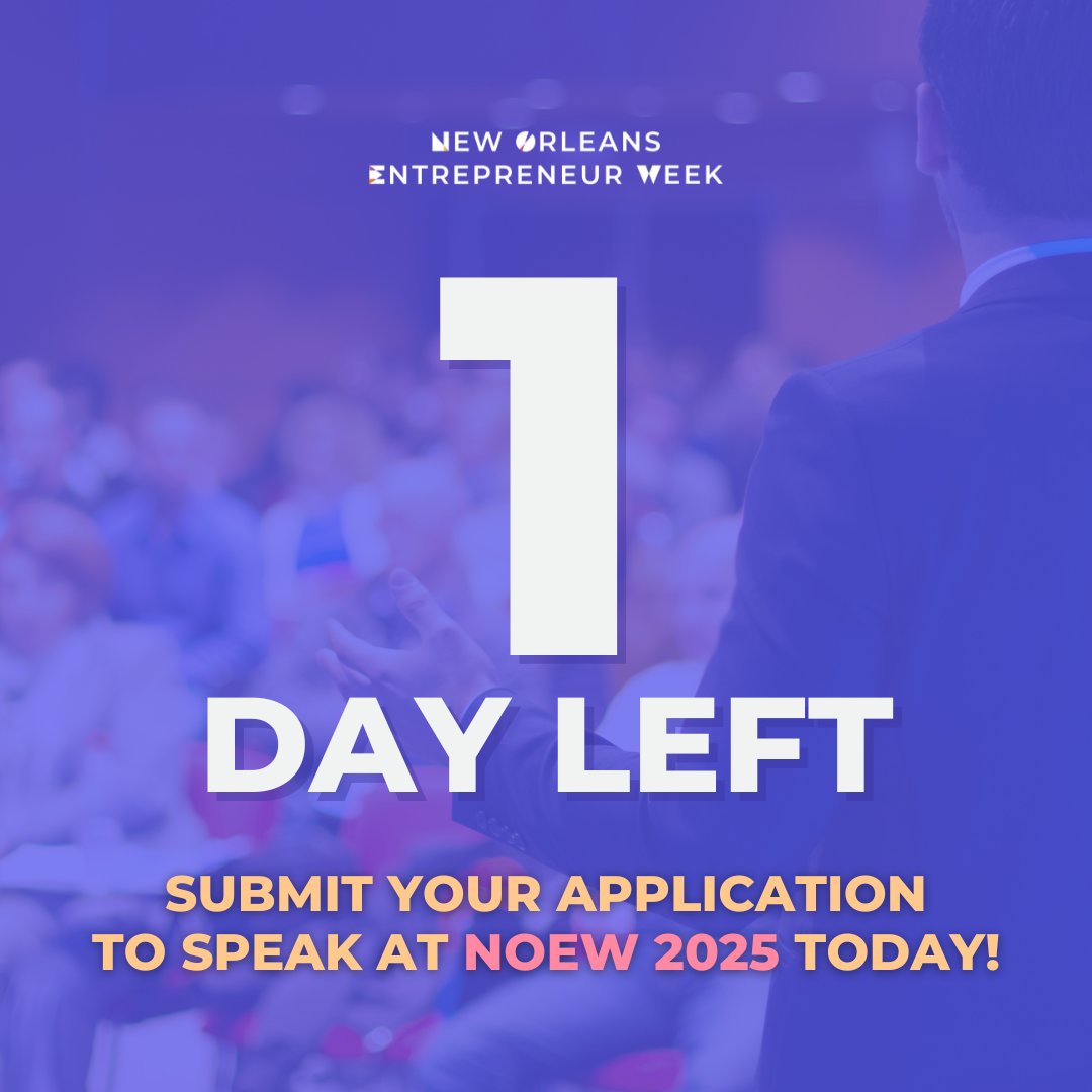 New Orleans Entrepreneur Week (NOEW) (@hellonoew) on Twitter photo 🚨 1 Day Left to Apply for #NOEW25! 🚨
Don’t miss your chance to lead, share, & shine at NOEW (March 24-29, 2025)!
📅 Apply by Dec 20, 11:59 PM CT: noew.org/applications-2…
Co-produced by <a href="/TheIdeaVillage/">The Idea Village | Startup | Nola & Gulf Coast</a> & <a href="/Loyola_NOLA/">Loyola New Orleans</a> CECD. 🚨 1 Day Left to Apply for #NOEW25! 🚨
Don’t miss your chance to lead, share, & shine at NOEW (March 24-29, 2025)!
📅 Apply by Dec 20, 11:59 PM CT: noew.org/applications-2…
Co-produced by <a href="/TheIdeaVillage/">The Idea Village | Startup | Nola & Gulf Coast</a> & <a href="/Loyola_NOLA/">Loyola New Orleans</a> CECD.