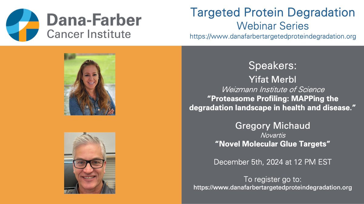 Join us for an exciting seminar on Dec 5, 2024, at 12 PM EST:
Yifat Merbl (Weizmann Institute): "Proteasome Profiling: MAPPing the degradation landscape in health &amp; disease."
Gregory Michaud (Novartis): "Novel Molecular Glue Targets."
…afarbertargetedproteindegradation.org