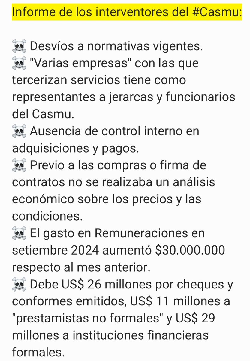 urraburu's tweet image. Informe de interventores del #Casmu destapa #caos y #corrupción.
elpais.com.uy/informacion/sa…

Precedente de #CasaDeGalicia debería servir para aplicar condenas administrativas y penales en este caso x.com/search?q=from%…

#Fonasa #SNIS
#estatismo = #corrupción #mediocridad #pobreza
