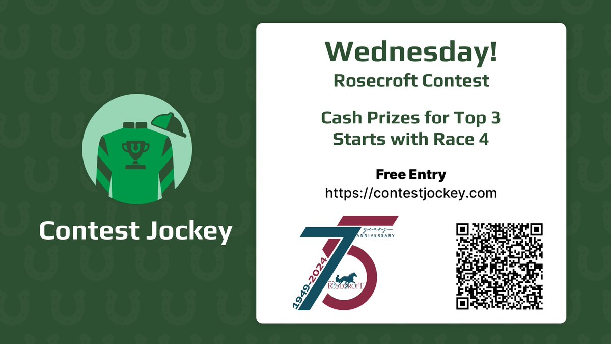 playcontests's tweet image. Join us tonight, just over 2 hours away from our @Rosecroft contest!

Cash prizes with FREE Entry!

Sign up here: contestjockey.com/contest/rosecr…