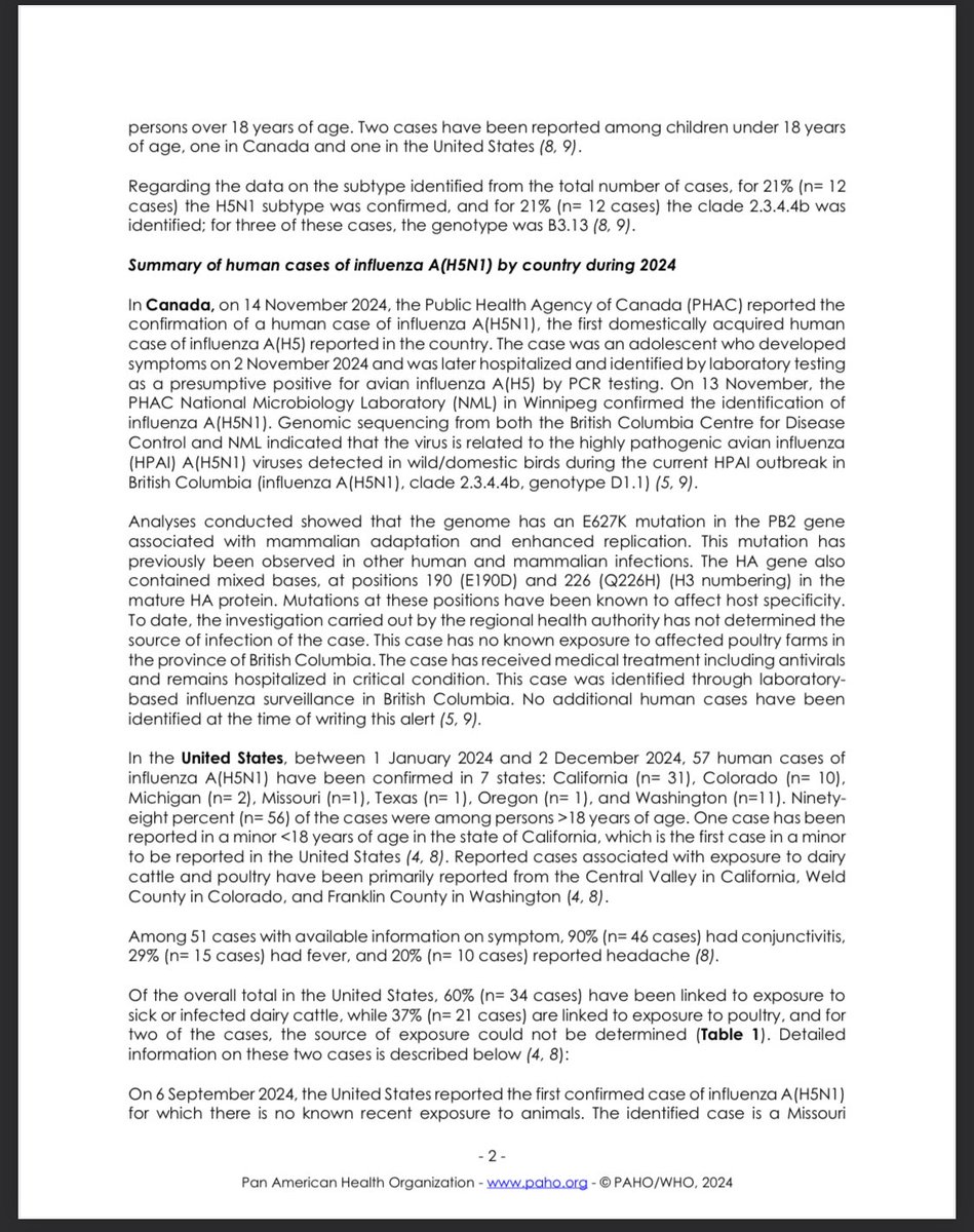 ScottGottliebMD's tweet image. CDC confirms California child who tested positive for H5N1 last month had same strain identified in dairy cattle outbreak, with no clear theory on how virus spread. Child had no known contact with animals 

paho.org/sites/default/…