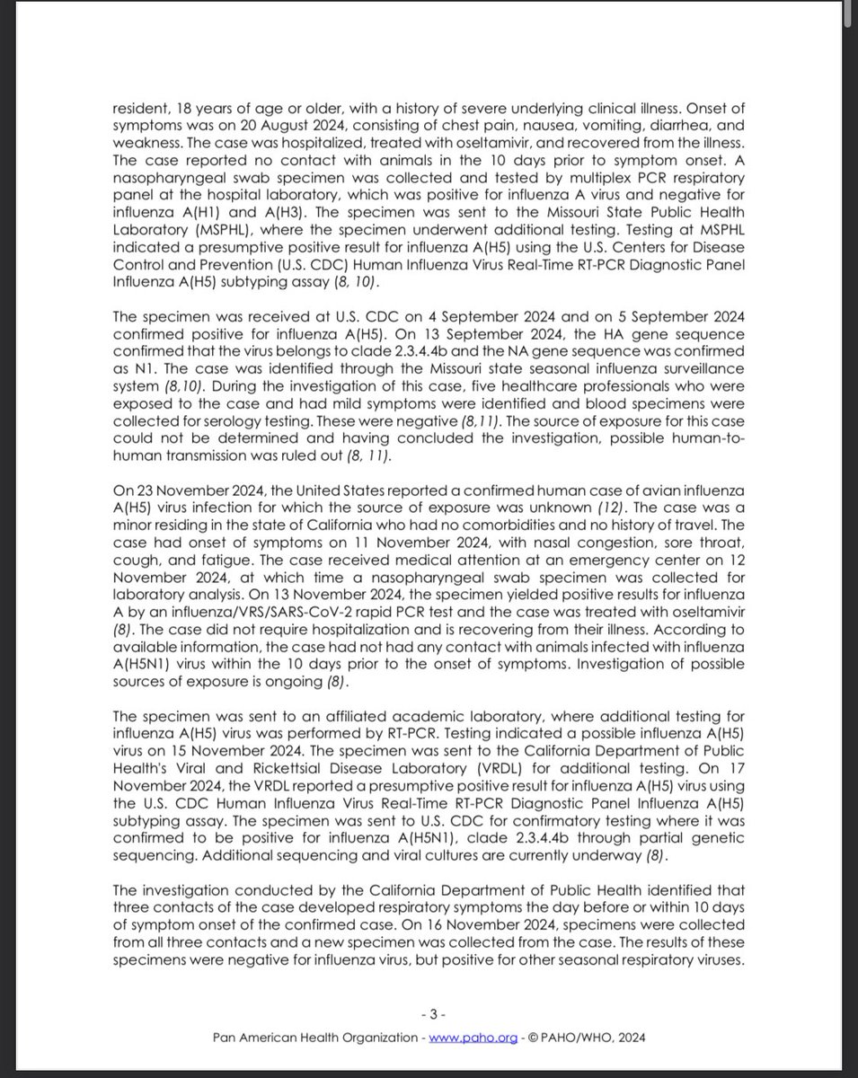 ScottGottliebMD's tweet image. CDC confirms California child who tested positive for H5N1 last month had same strain identified in dairy cattle outbreak, with no clear theory on how virus spread. Child had no known contact with animals 

paho.org/sites/default/…