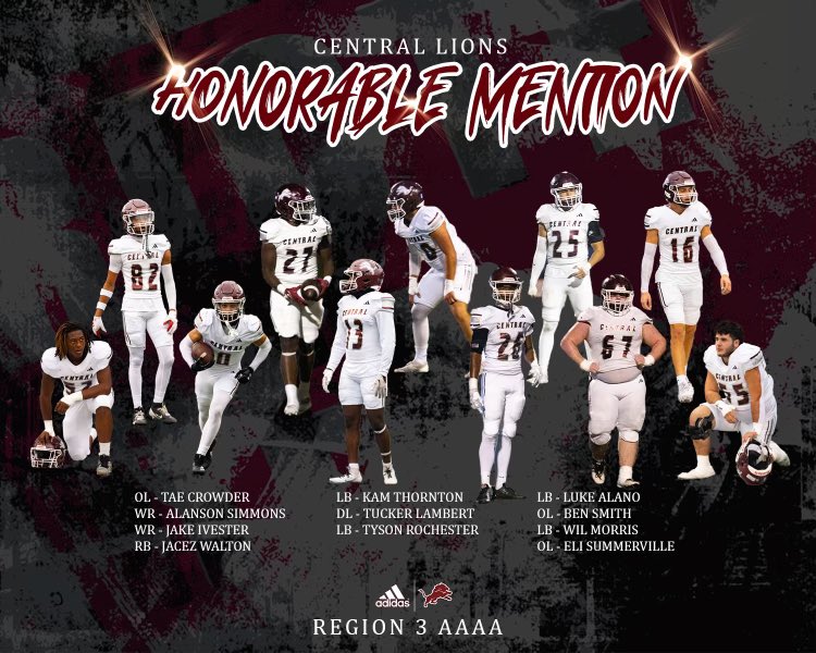 Central Football (@lionstrongfb) on Twitter photo Congrats to our All Region 3 AAAA Honorable Mention selections!
Go Lions! 🧱
<a href="/NwGaFootball/">NwGa Football</a> <a href="/GradickSports/">Gradick Sports</a> Congrats to our All Region 3 AAAA Honorable Mention selections!
Go Lions! 🧱
<a href="/NwGaFootball/">NwGa Football</a> <a href="/GradickSports/">Gradick Sports</a>