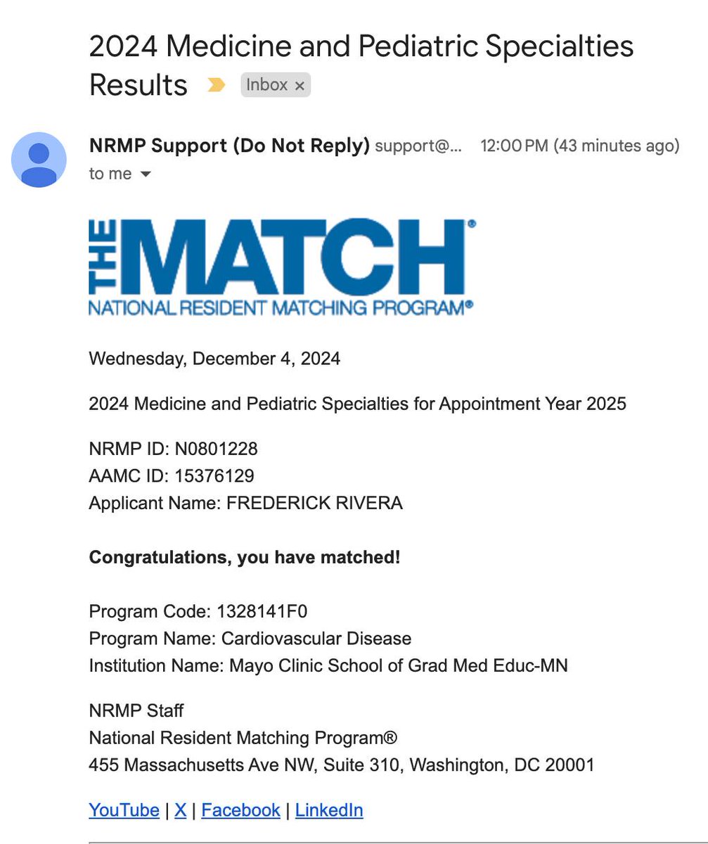 FredRiveraMD's tweet photo. I am extremely honored to join @MayoClinicCV @MayoCVFellows  next year as a first year cardiology fellow.
Extremely grateful to my family, mentors, and friends for all the support and prayers. https://t.co/K1rHXs2z0B
