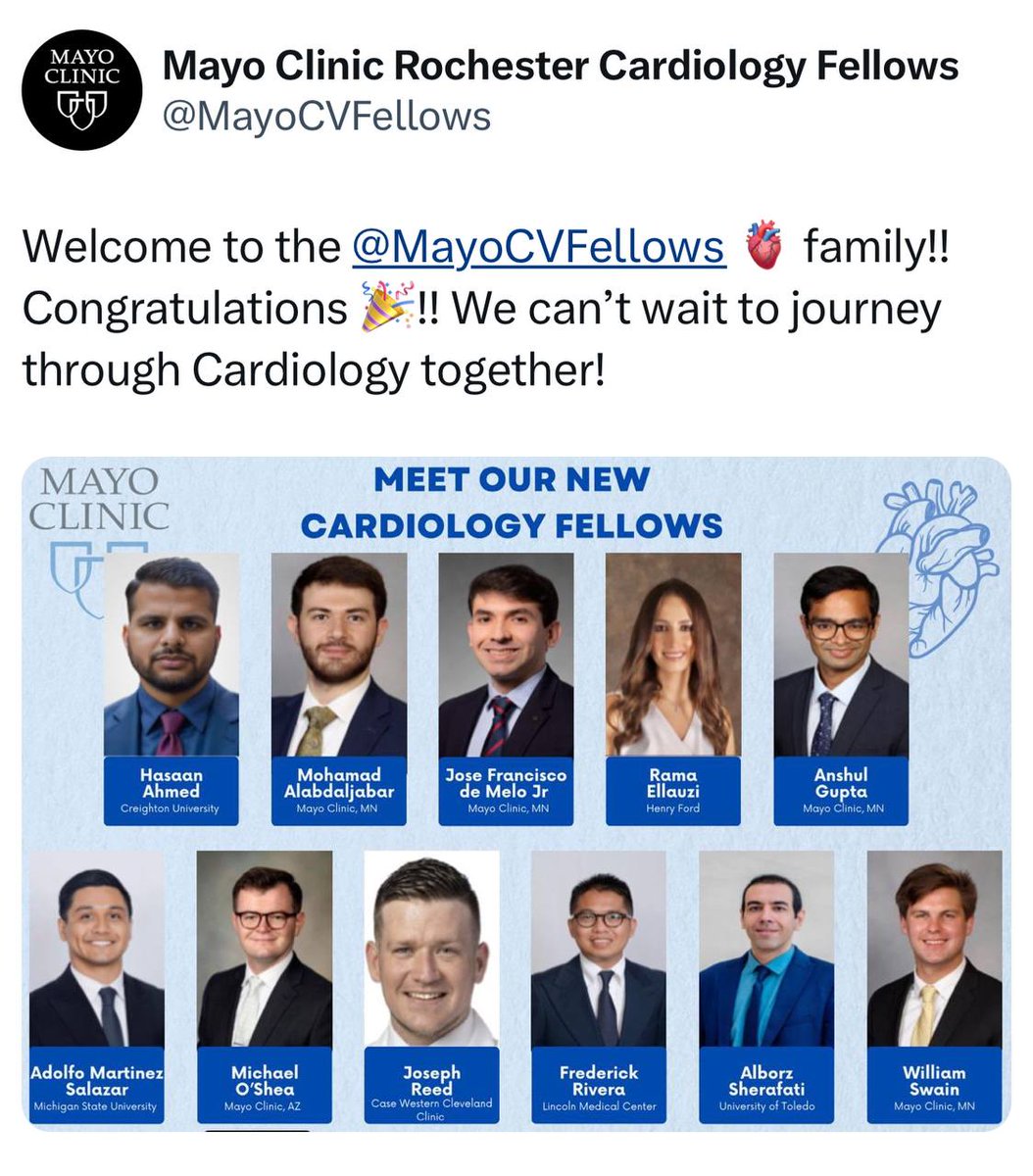 FredRiveraMD's tweet photo. I am extremely honored to join @MayoClinicCV @MayoCVFellows  next year as a first year cardiology fellow.
Extremely grateful to my family, mentors, and friends for all the support and prayers. https://t.co/K1rHXs2z0B